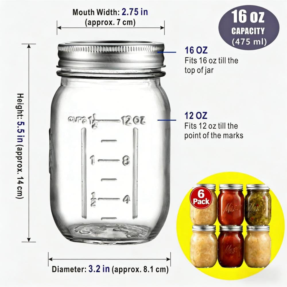 16 oz 6-Pack Regular Mouth Glass Mason Jars with Airtight Lids D952