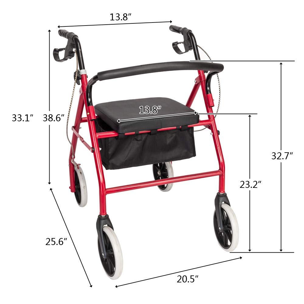 Rollator Walker with Seat, 8-inch Wheels, Black & Red T2091