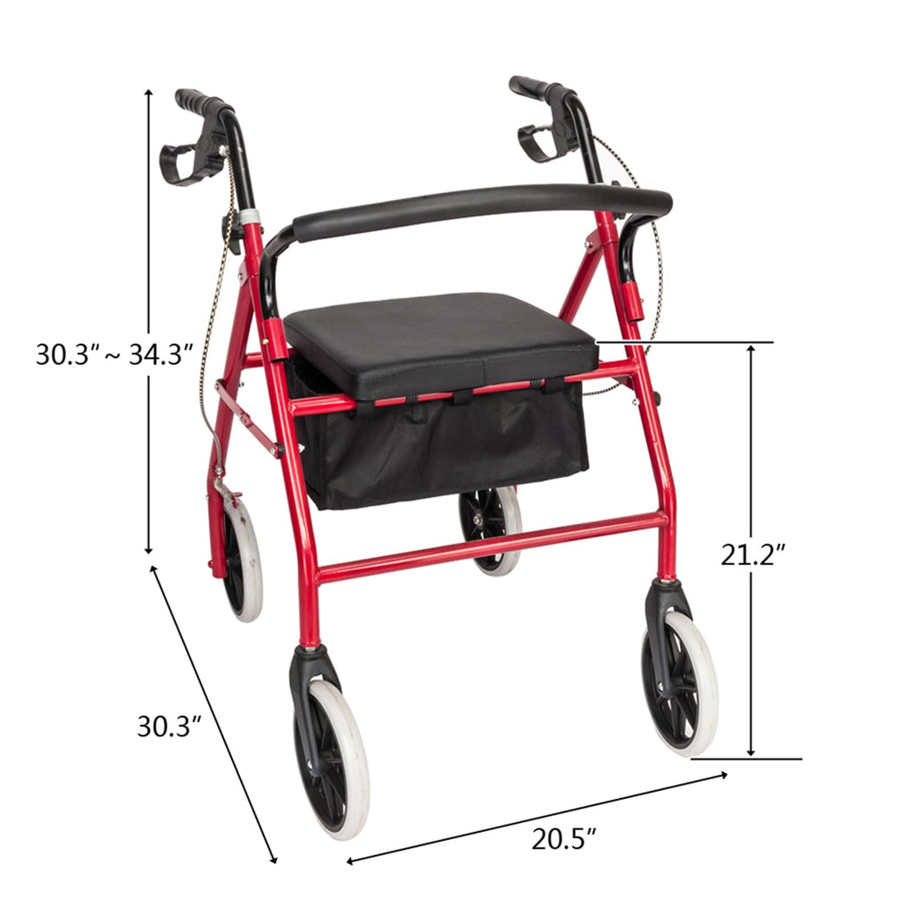 Heavy Duty Upright Rollator Walker with Padded Seat, Backrest, Height Adjustable Black & Red P566