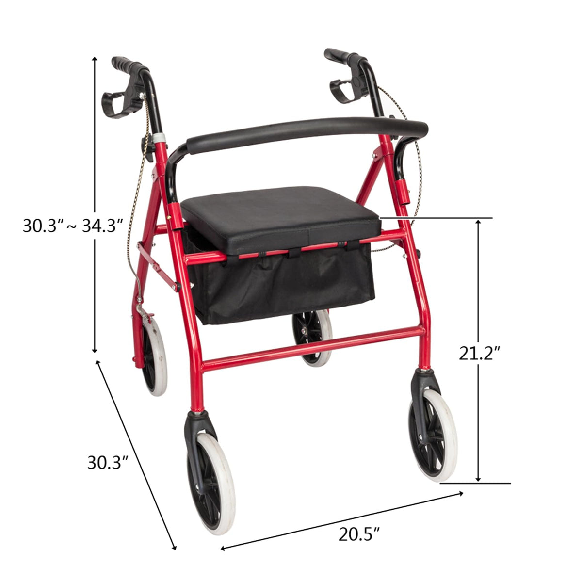 Heavy Duty Upright Rollator Walker with Padded Seat, Backrest, Height Adjustable Black & Red P566