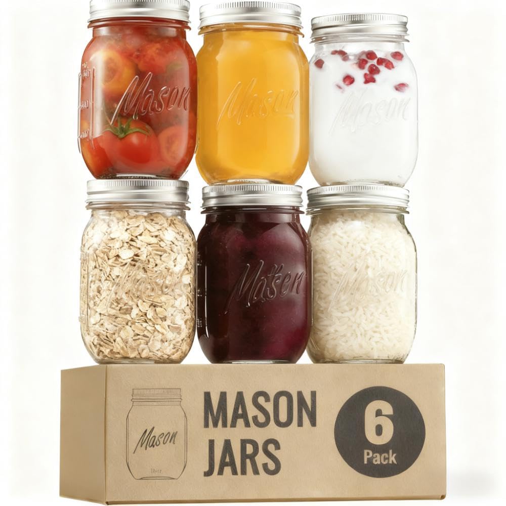 16 oz 6-Pack Regular Mouth Glass Mason Jars with Airtight Lids D952