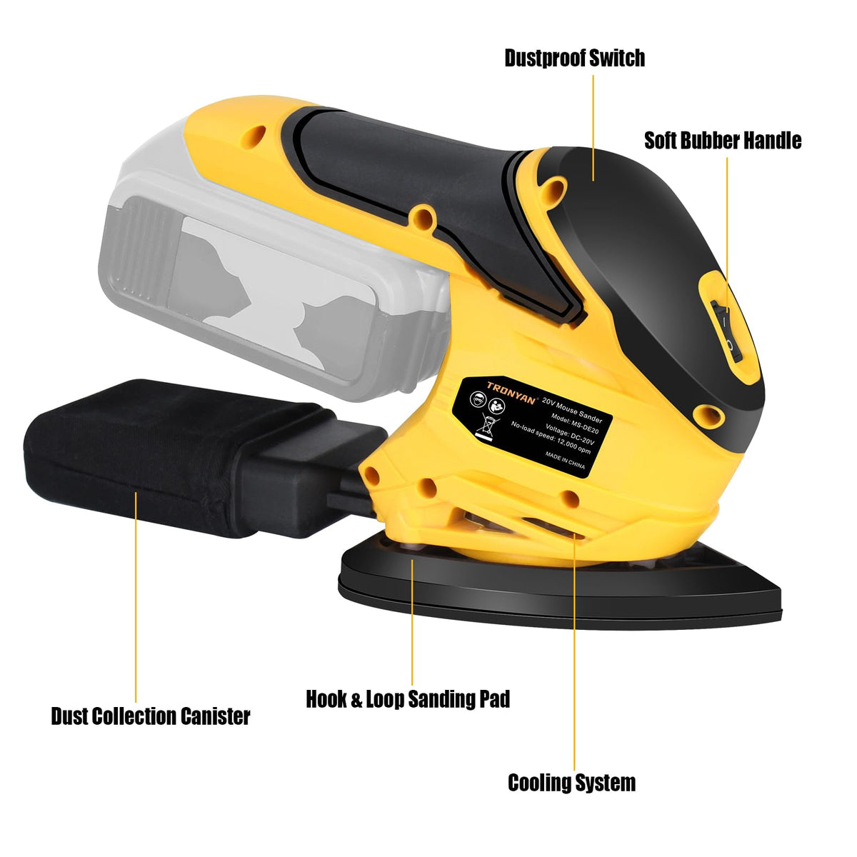 Cordless Detail Sander, 12,000 OPM, 10Pcs Sandpapers, Dust Bag P1216