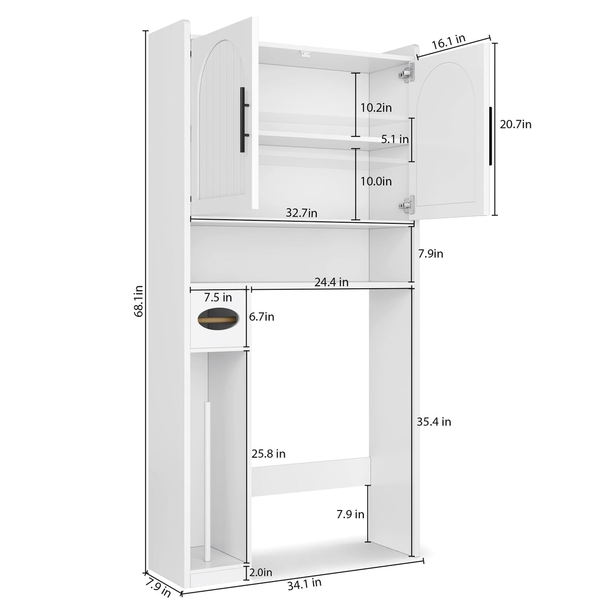 34" Over the Toilet Storage Cabinet with Arched Doors, White O452515