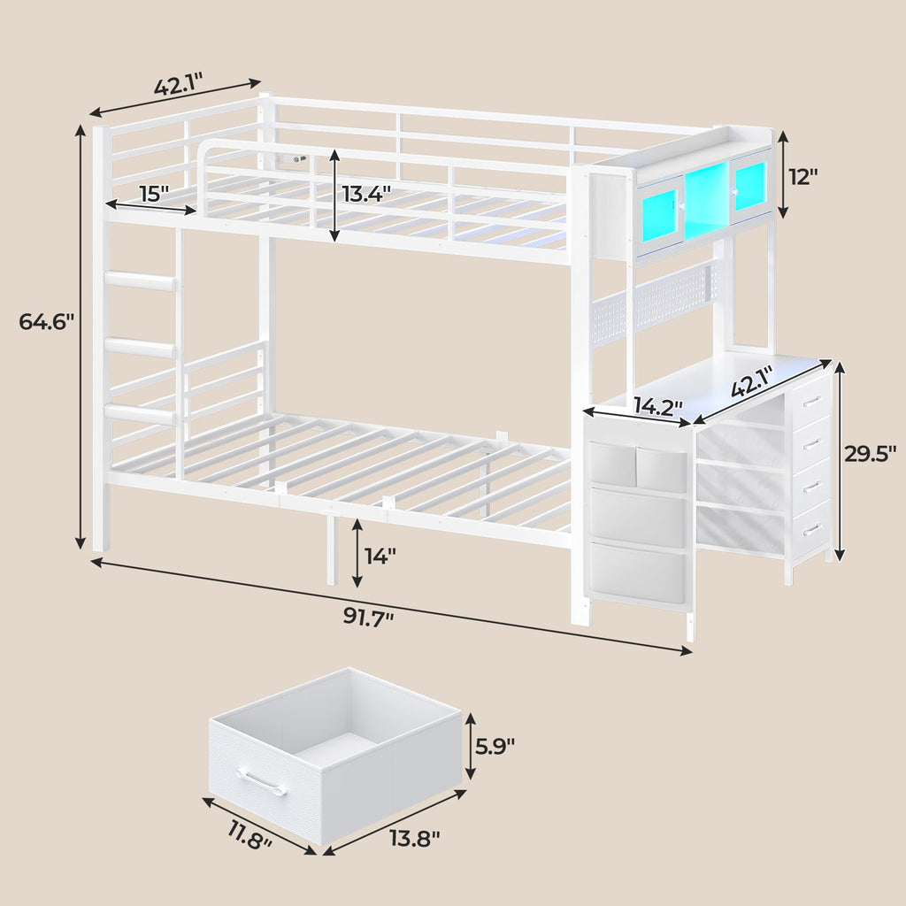 Twin Over Twin Bunk Bed with Desk & LED Light F10215