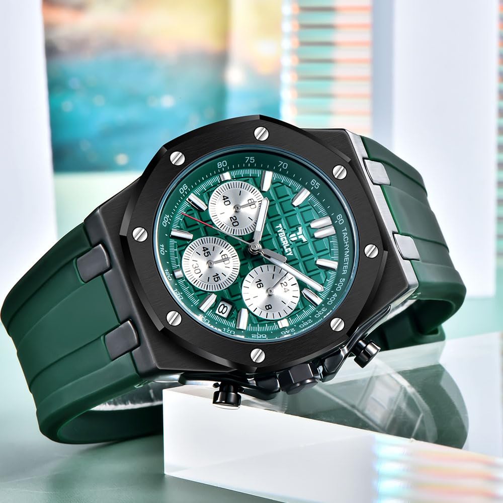 Men's Quartz Chronograph Watch 41MM Waterproof Rubber Strap Luminous X7082