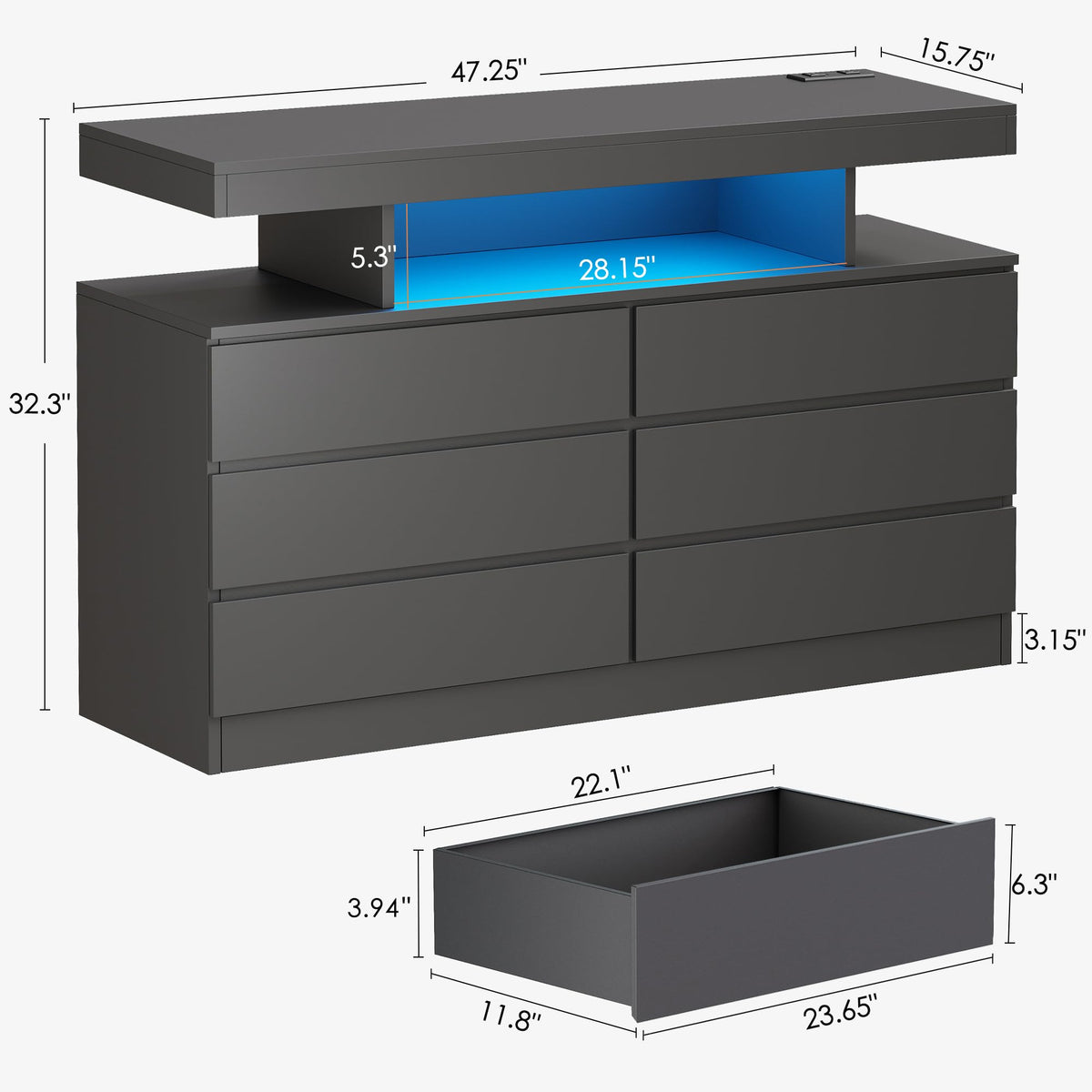 Black Dresser with Charging Station and LED Lights N306120