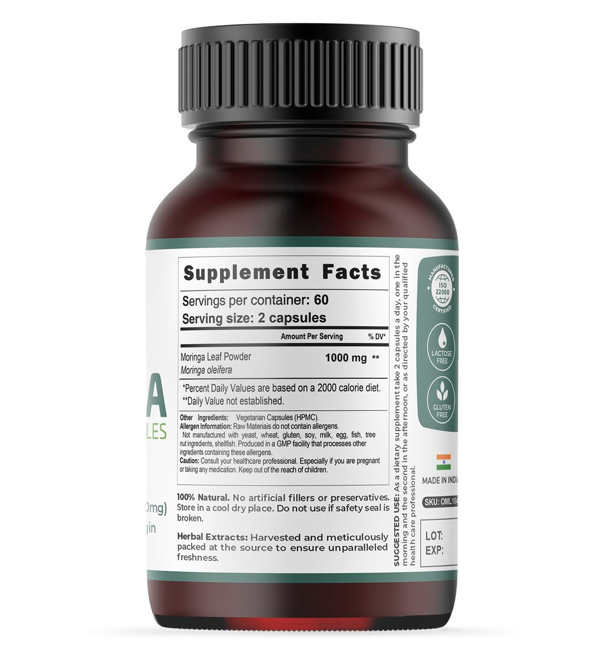 Moringa Capsules 120 Vegan Caps 1000mg Leaf Powder Q18930