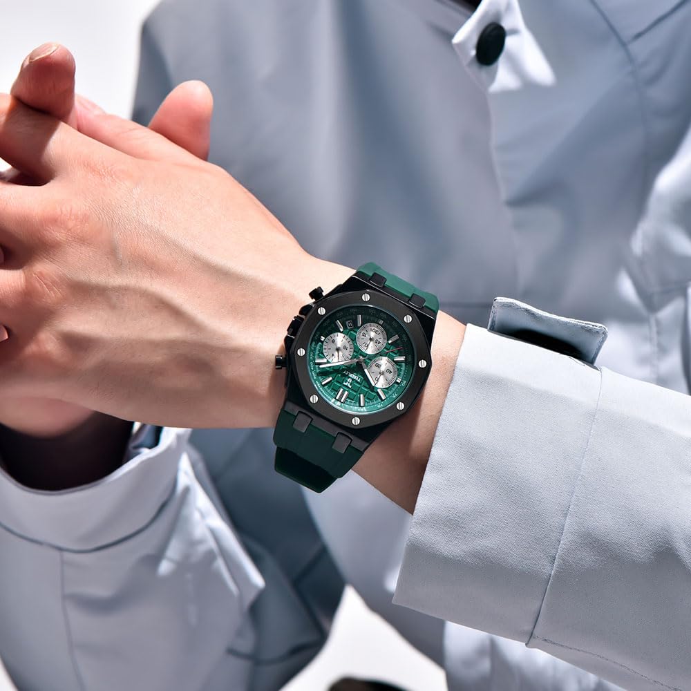 Men's Quartz Chronograph Watch 41MM Waterproof Rubber Strap Luminous X7082