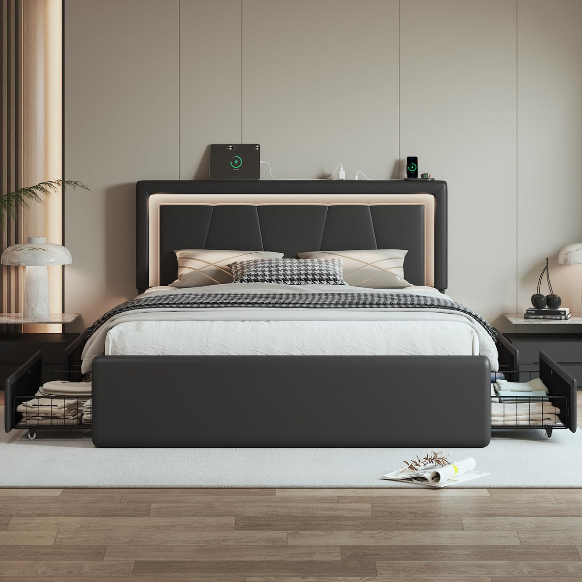 Full Size Bed Frame with Storage Drawers and Charging Station, Black W828583