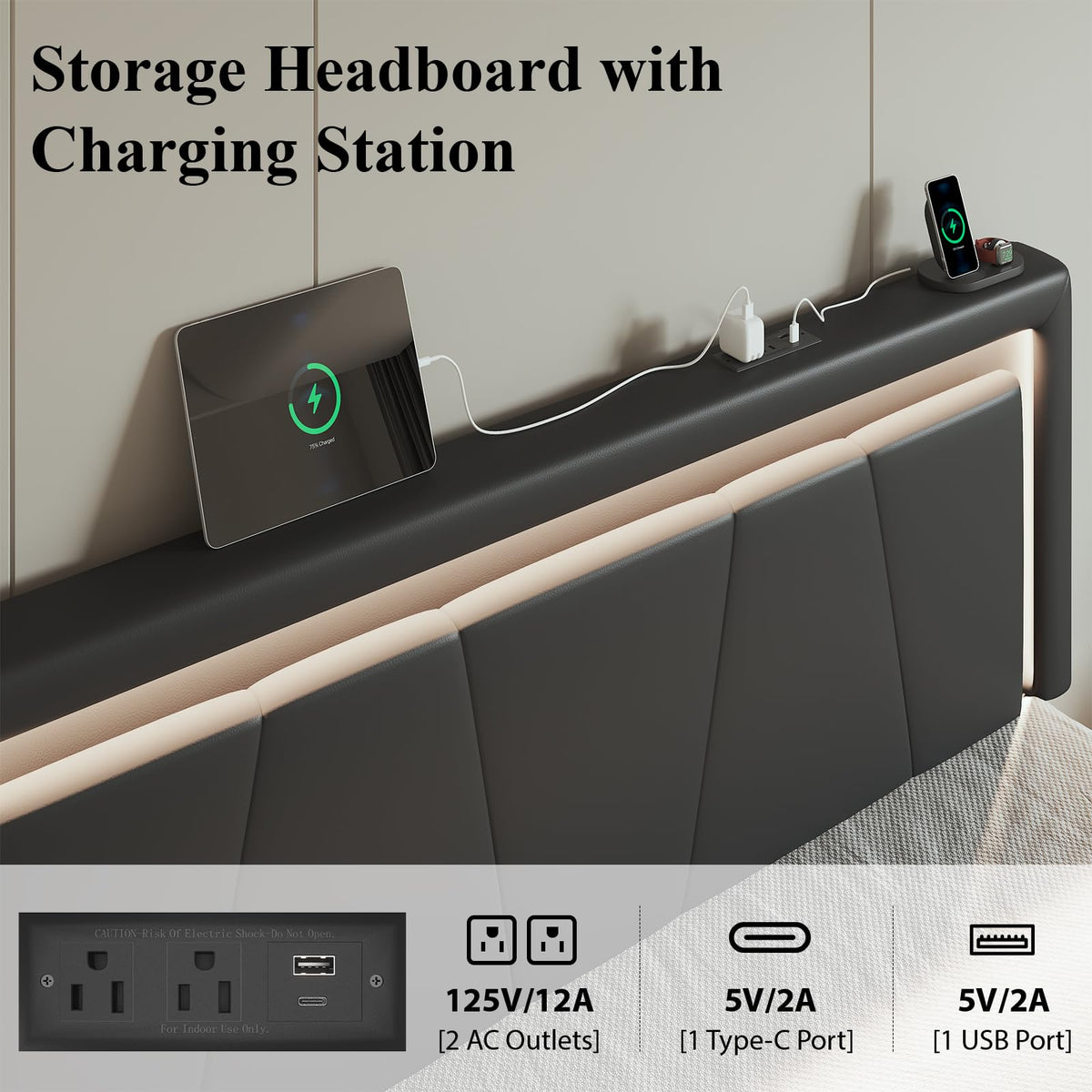 Full Size Bed Frame with Storage Drawers and Charging Station, Black W828583