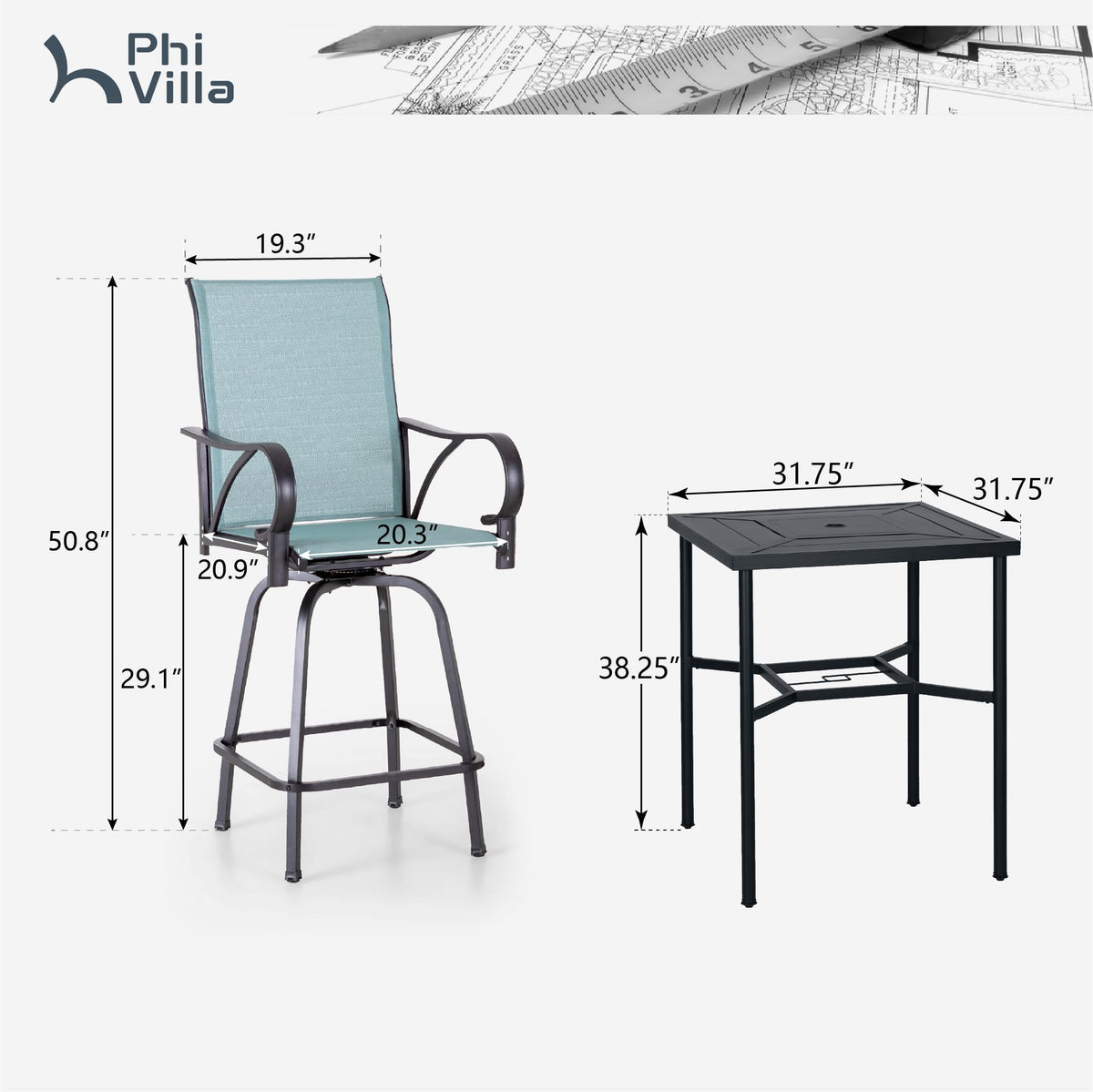 Swivel Metal Bar Stools and Table Set for 4 W9114