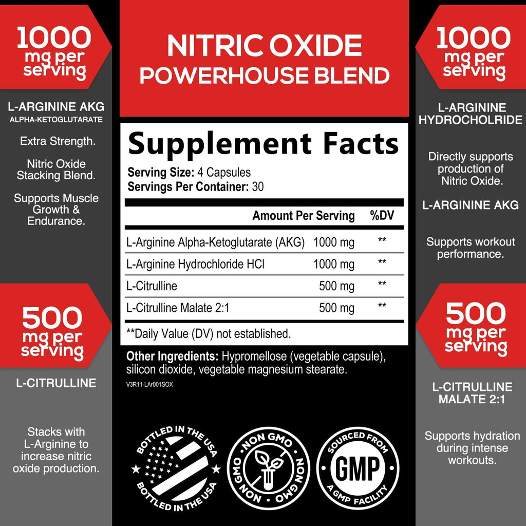 Nitric Oxide Supplement 3000mg Blend L-Arginine & L-Citrulline 120 Capsules G781476
