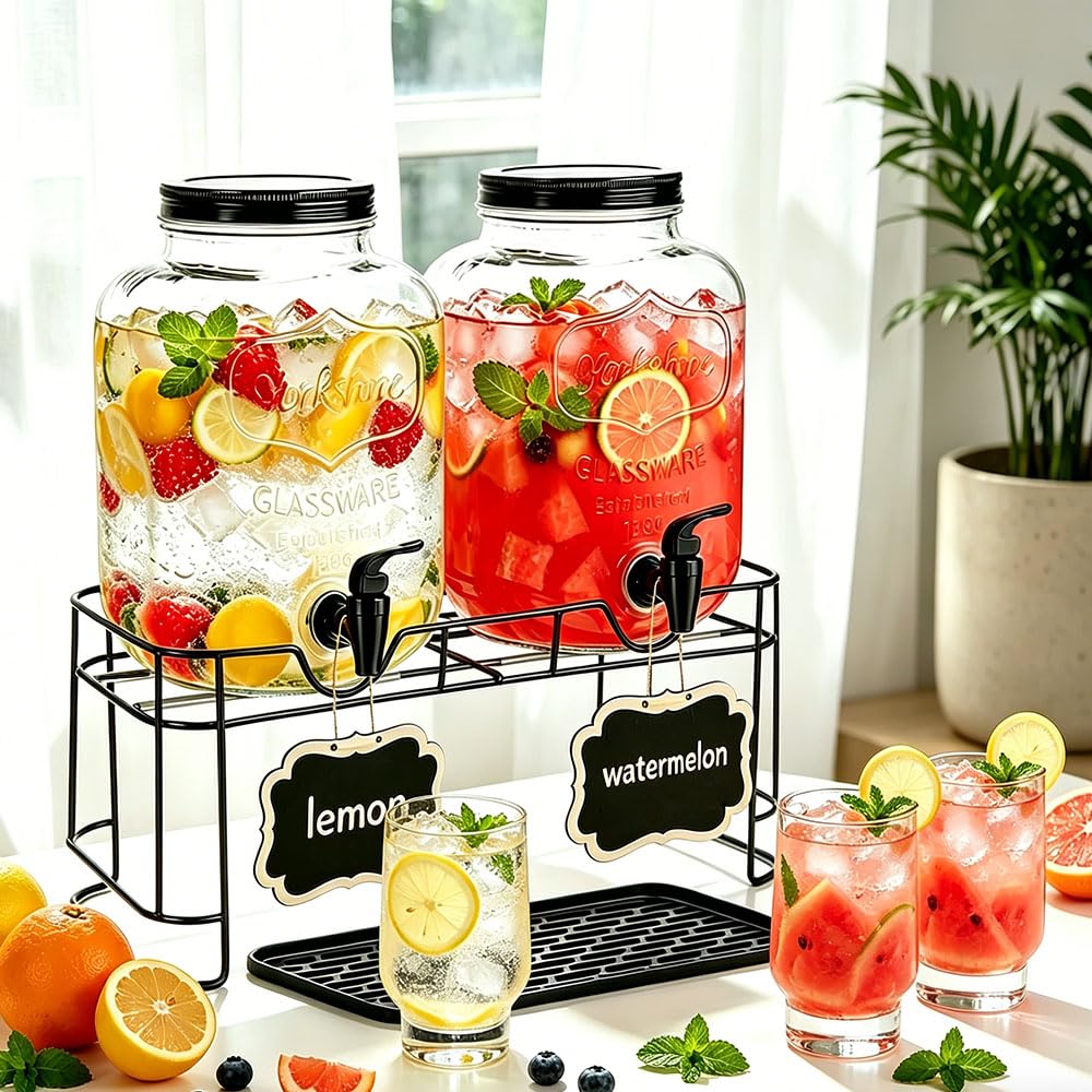 2 Pack 1.5 Gallon Glass Beverage Dispenser with Stand D3204