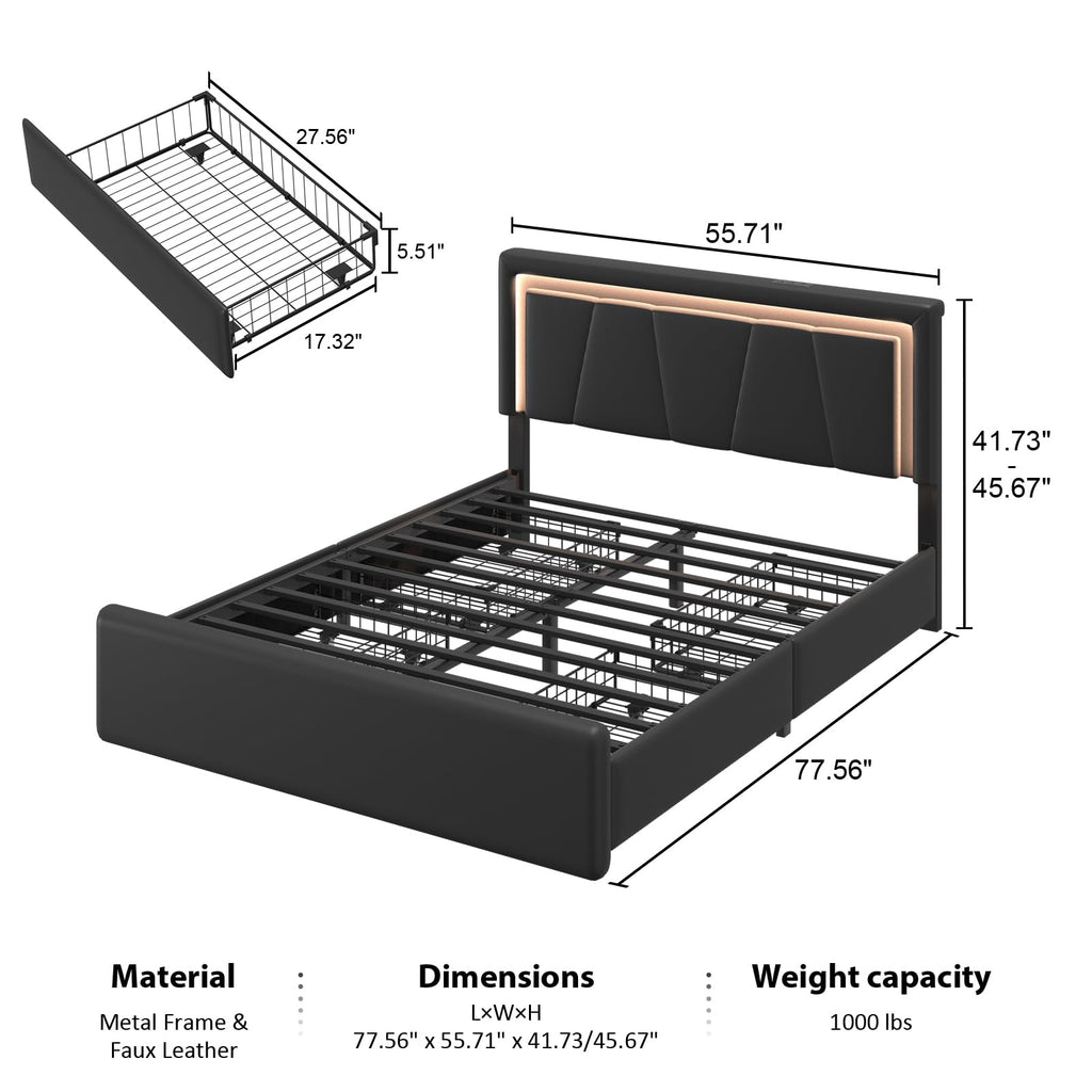 Full Size Bed Frame with Storage Drawers and Charging Station, Black W828583