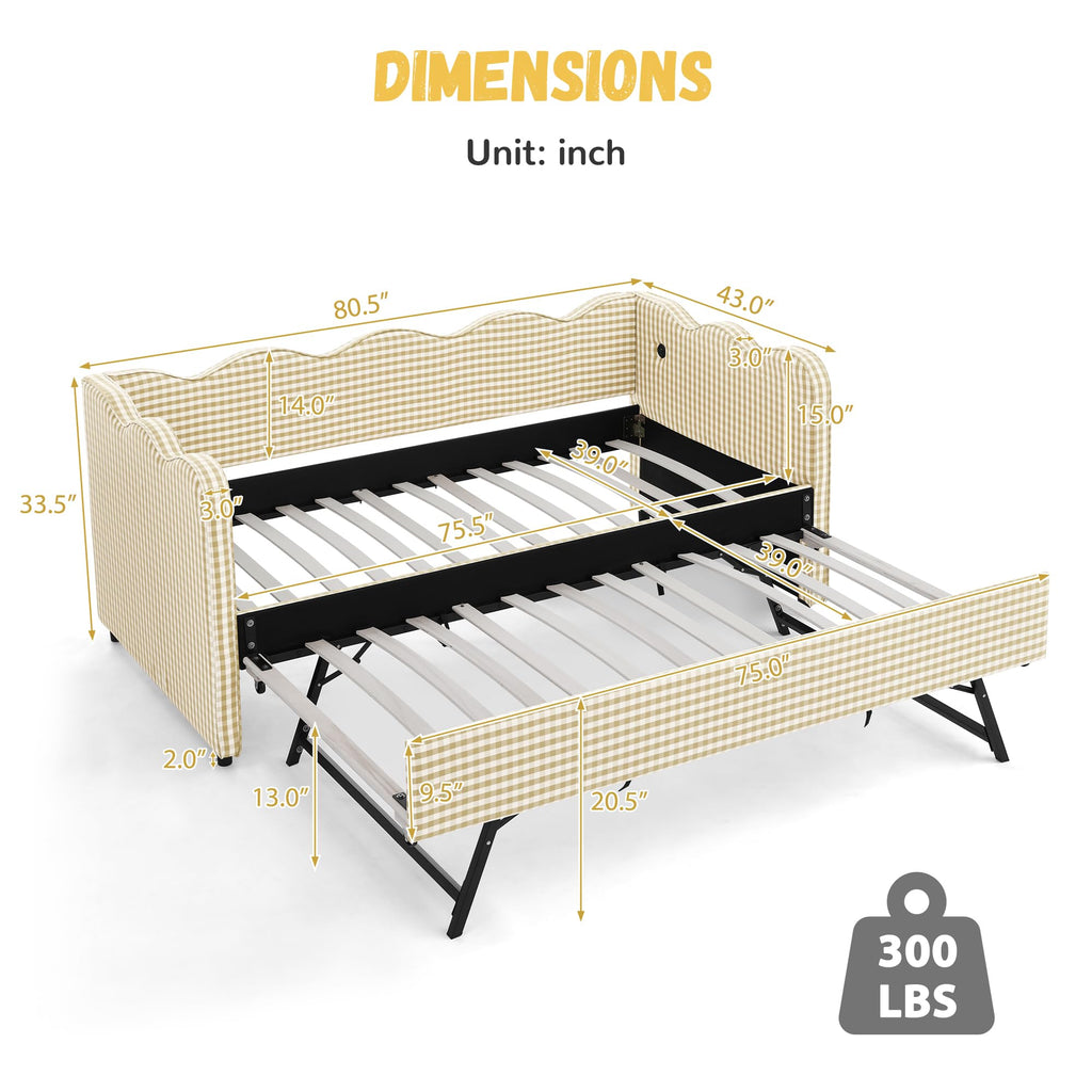 Twin Size Gingham Daybed with Trundle and USB Ports F499