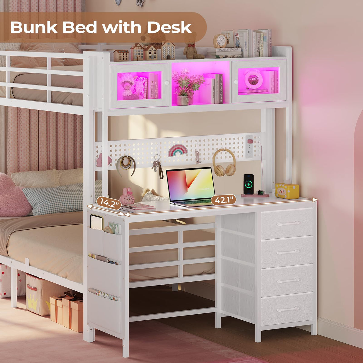 Twin Over Twin Bunk Bed with Desk & LED Light F10215