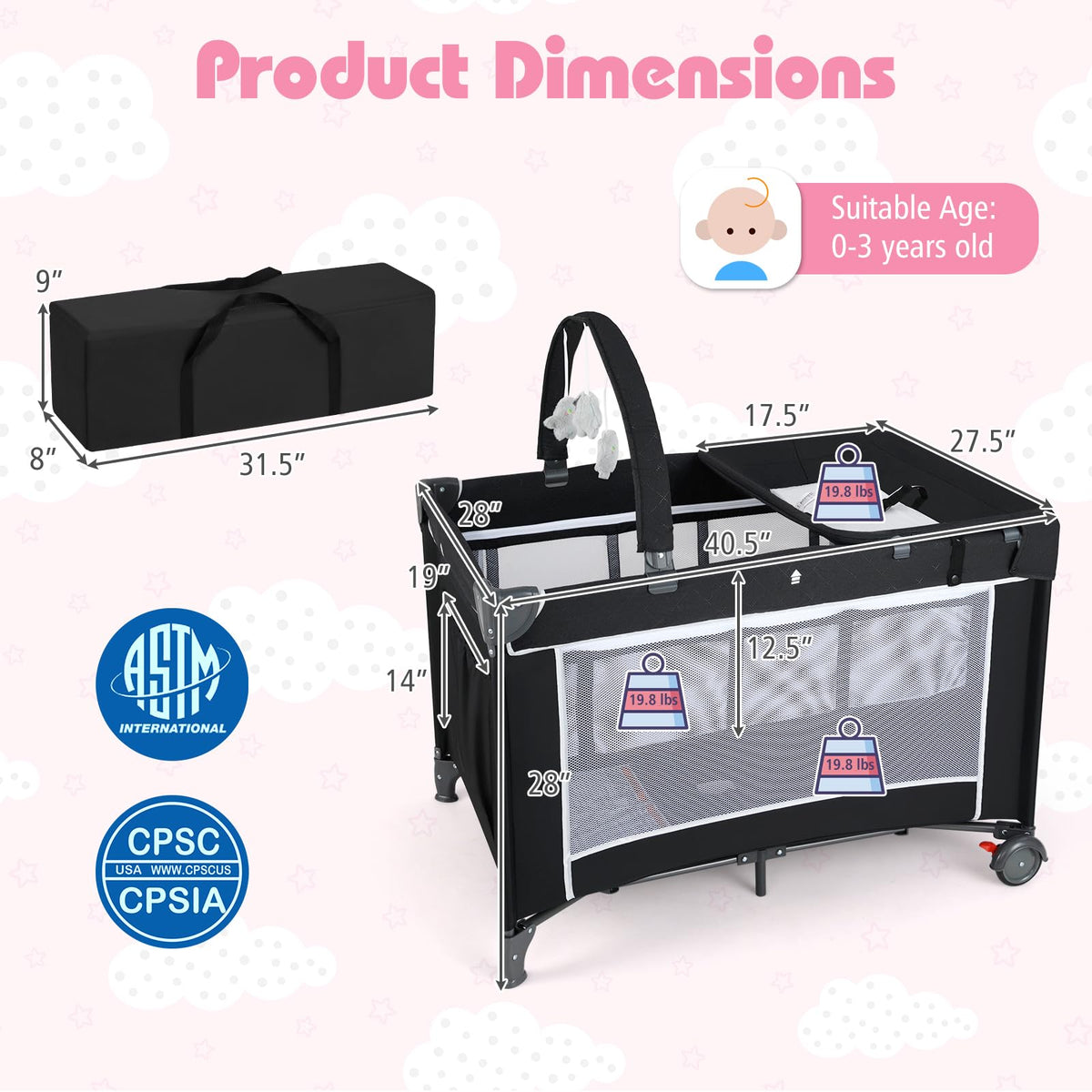 4 in 1 Folding Playpen with Bassinet and Carry Bag Q9650