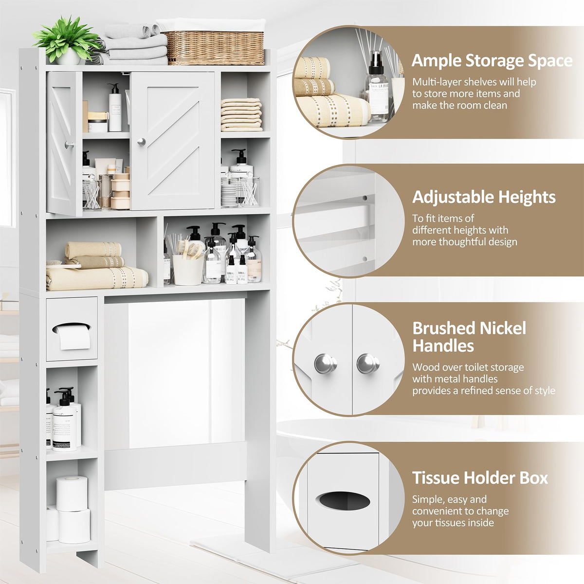 White Over the Toilet Storage Cabinet with Adjustable Shelf U747