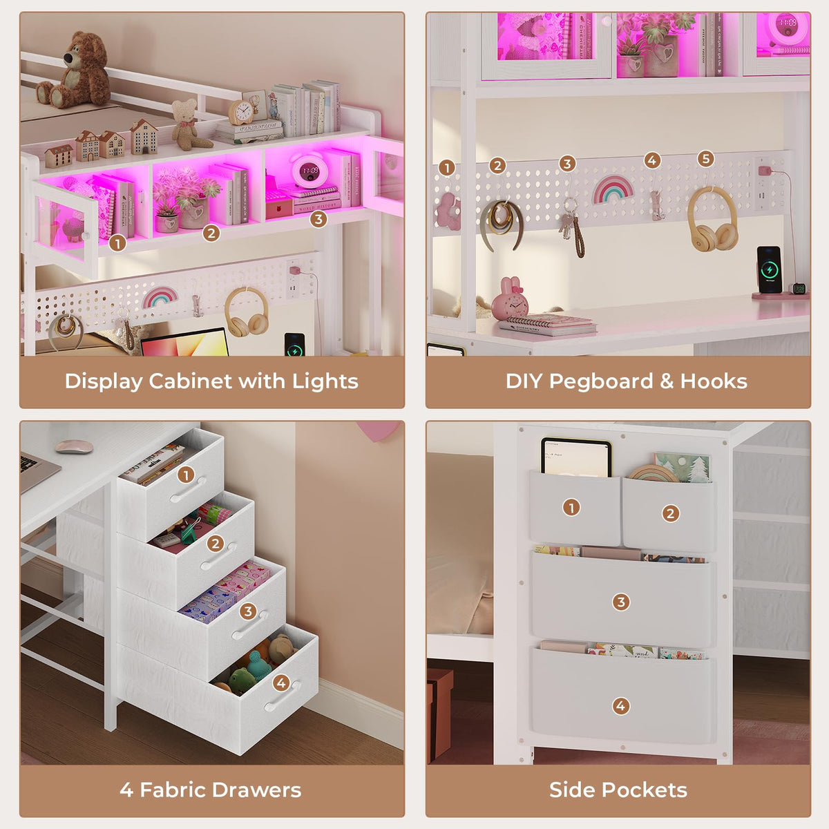 Twin Over Twin Bunk Bed with Desk & LED Light F10215