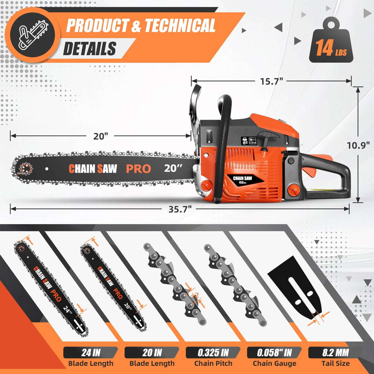 62CC Gas Chainsaw with 20inch & 24inch Chain Saw Bar O269
