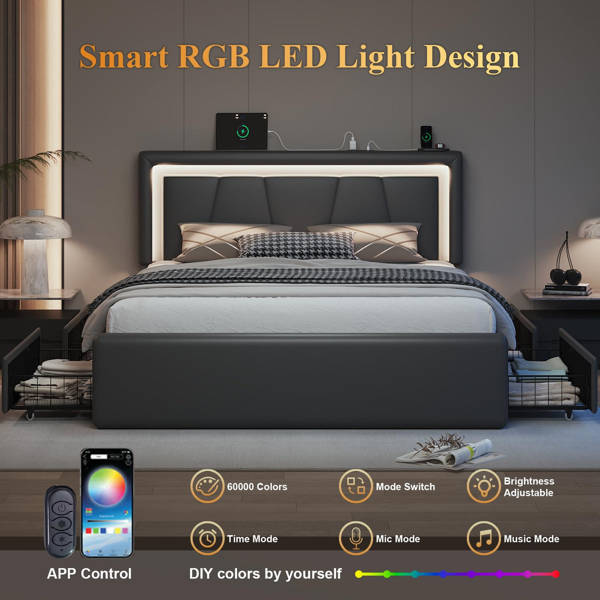 Full Size Bed Frame with Storage Drawers and Charging Station, Black W828583