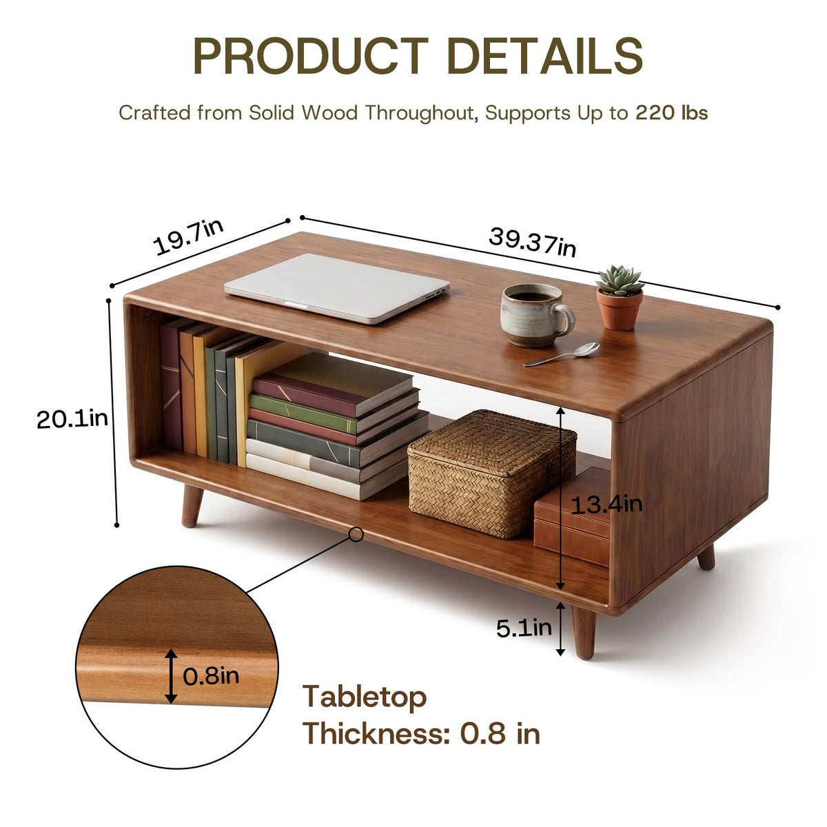 39" Rectangular Solid Wood Coffee Table R2188