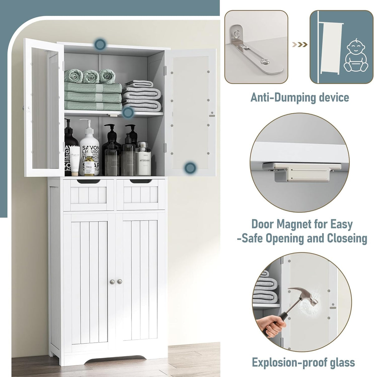 67" White Bathroom Storage Cabinet with Glass Doors and 2 Drawers C475144