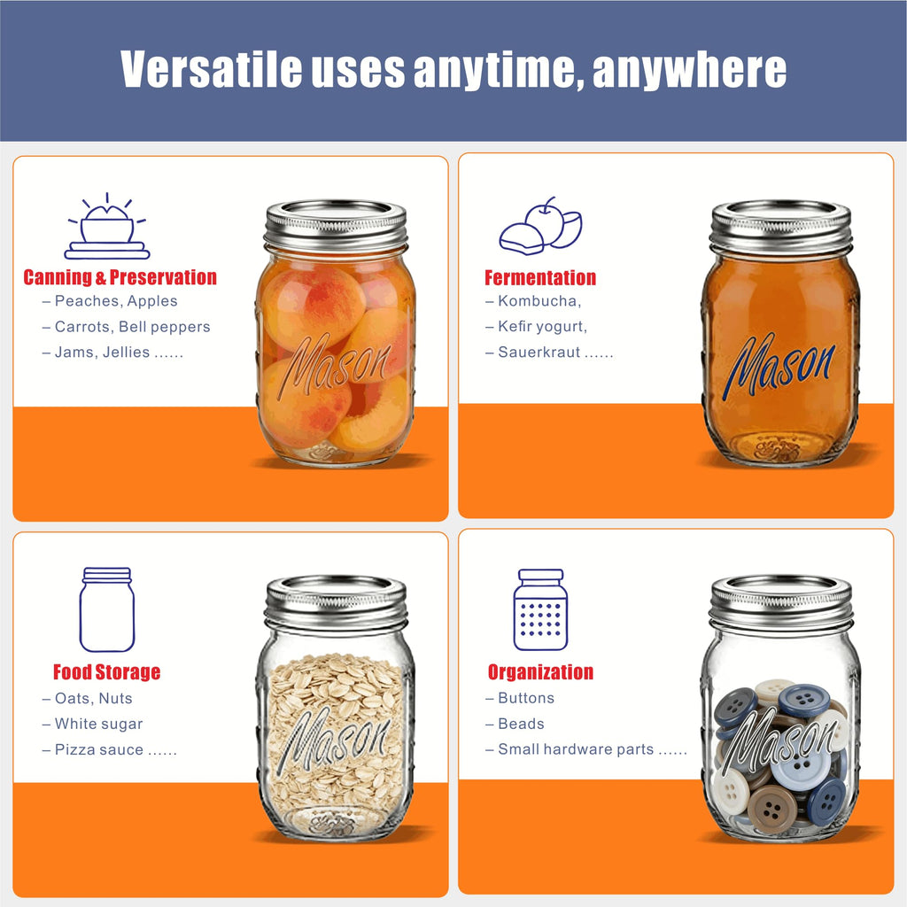 16 oz 6-Pack Regular Mouth Glass Mason Jars with Airtight Lids D952