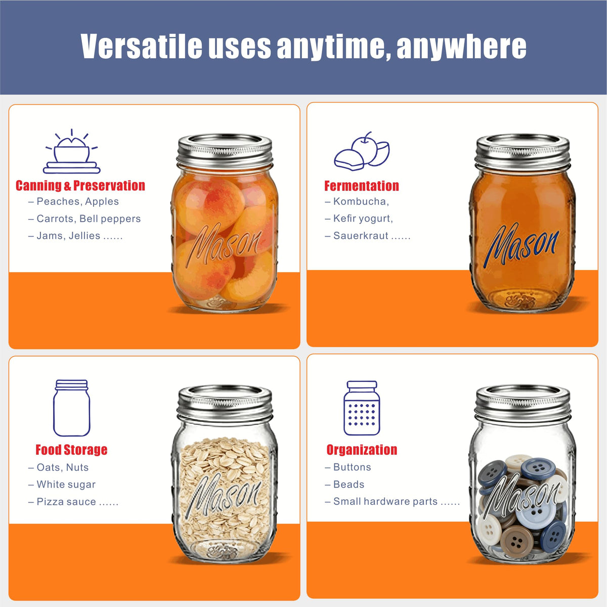 16 oz 6-Pack Regular Mouth Glass Mason Jars with Airtight Lids D952