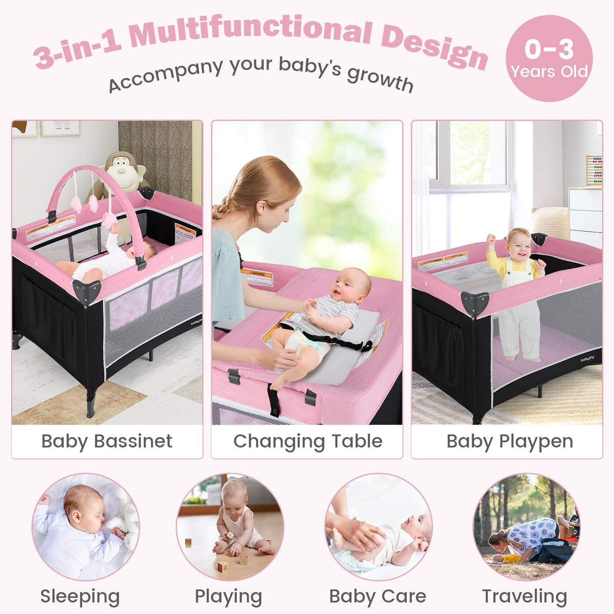 3 in 1 Pink Pack and Play Baby Crib Bassinet H1379