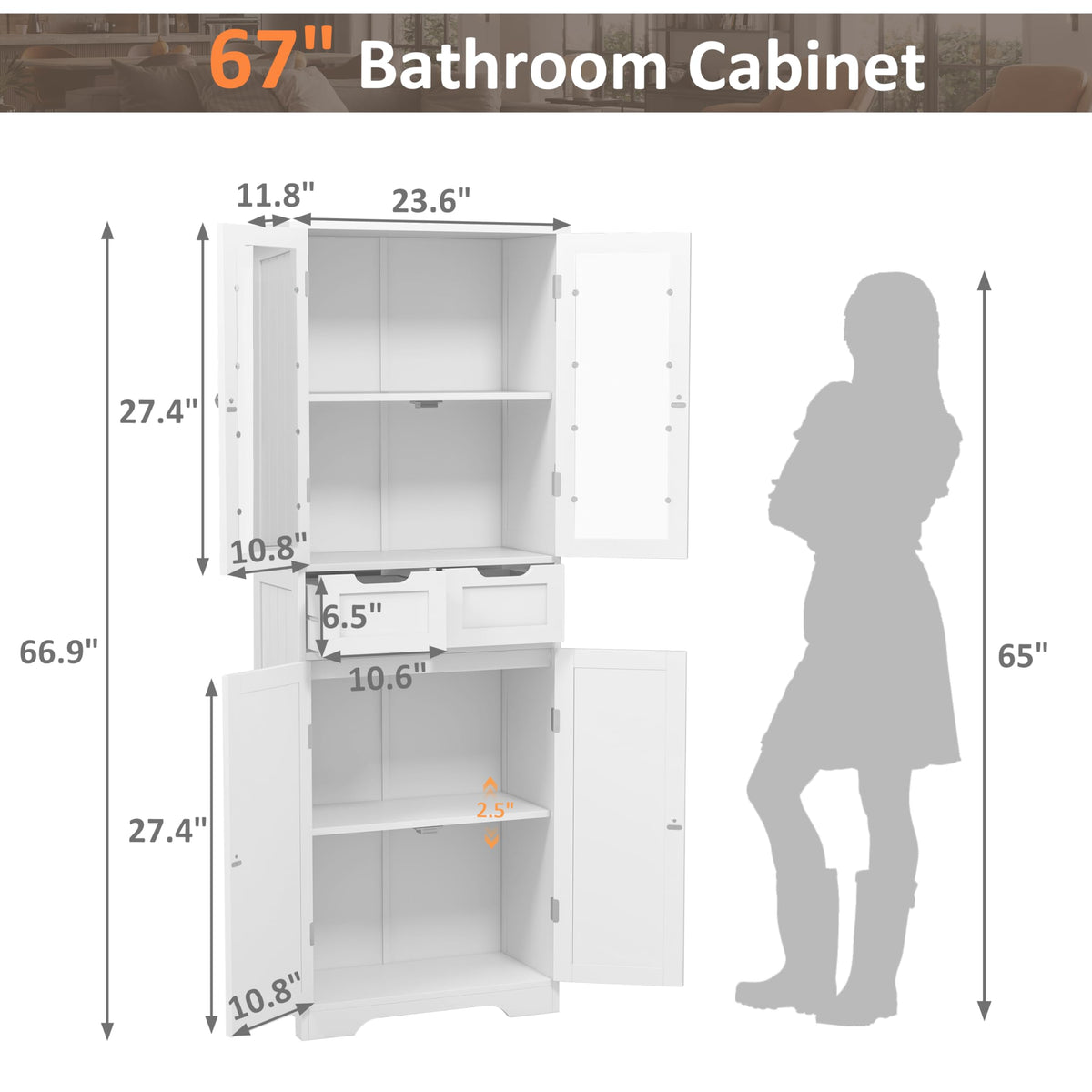 67" White Bathroom Storage Cabinet with Glass Doors and 2 Drawers C475144