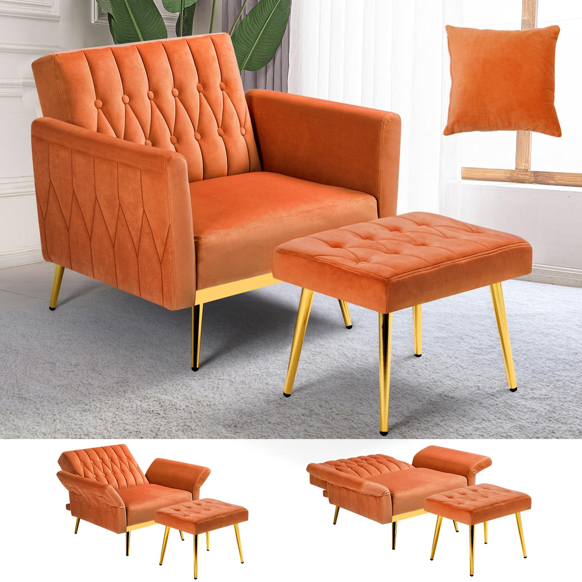 Velvet Accent Chair with Ottoman & Adjustable Backrest V988502