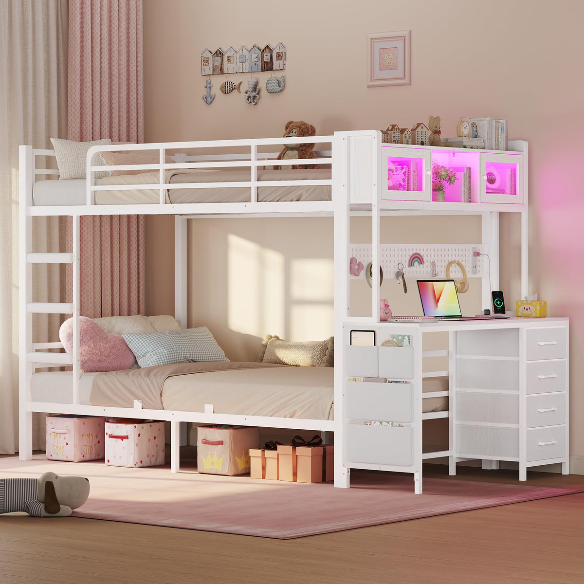 Twin Over Twin Bunk Bed with Desk & LED Light F10215