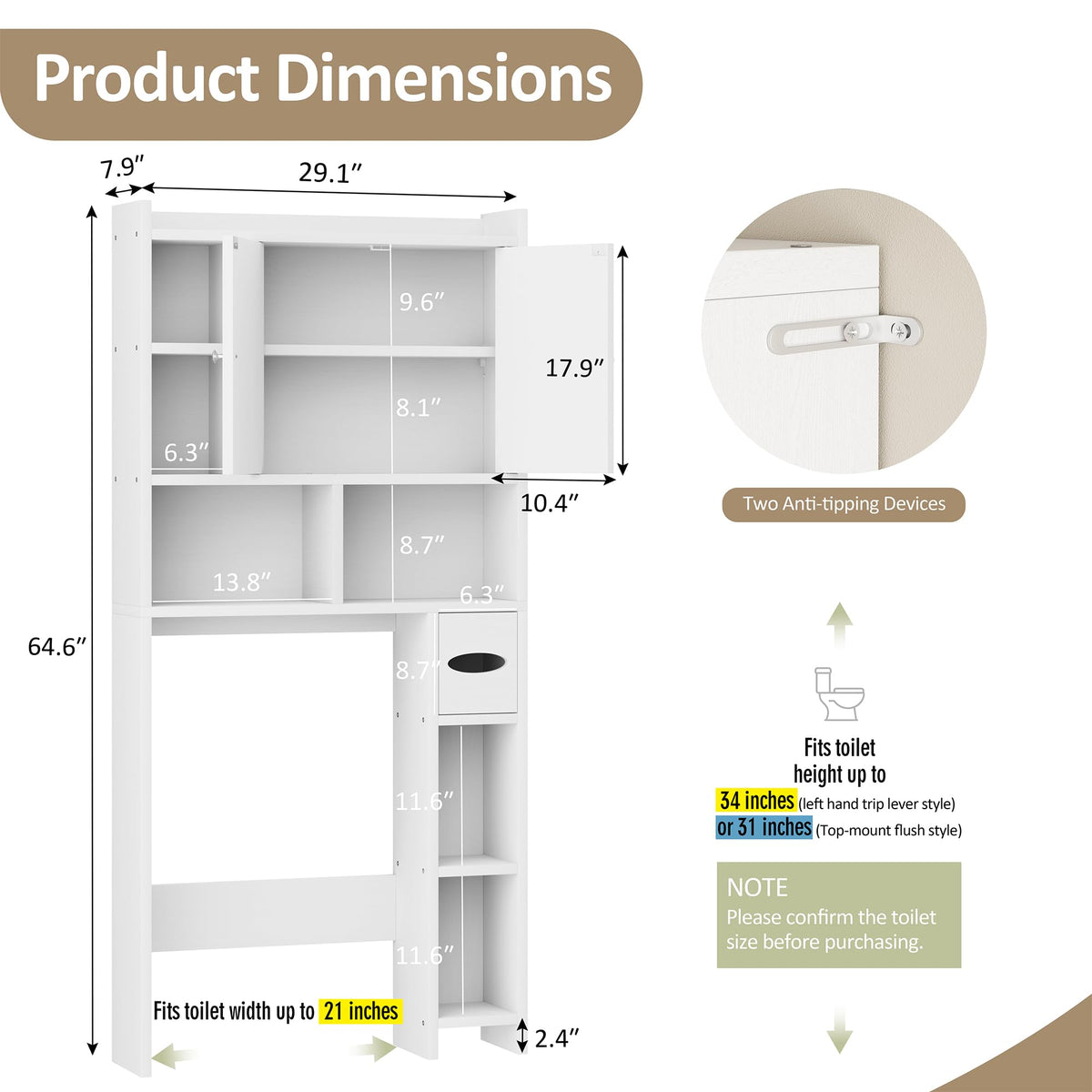 White Over the Toilet Storage Cabinet with Adjustable Shelf U747