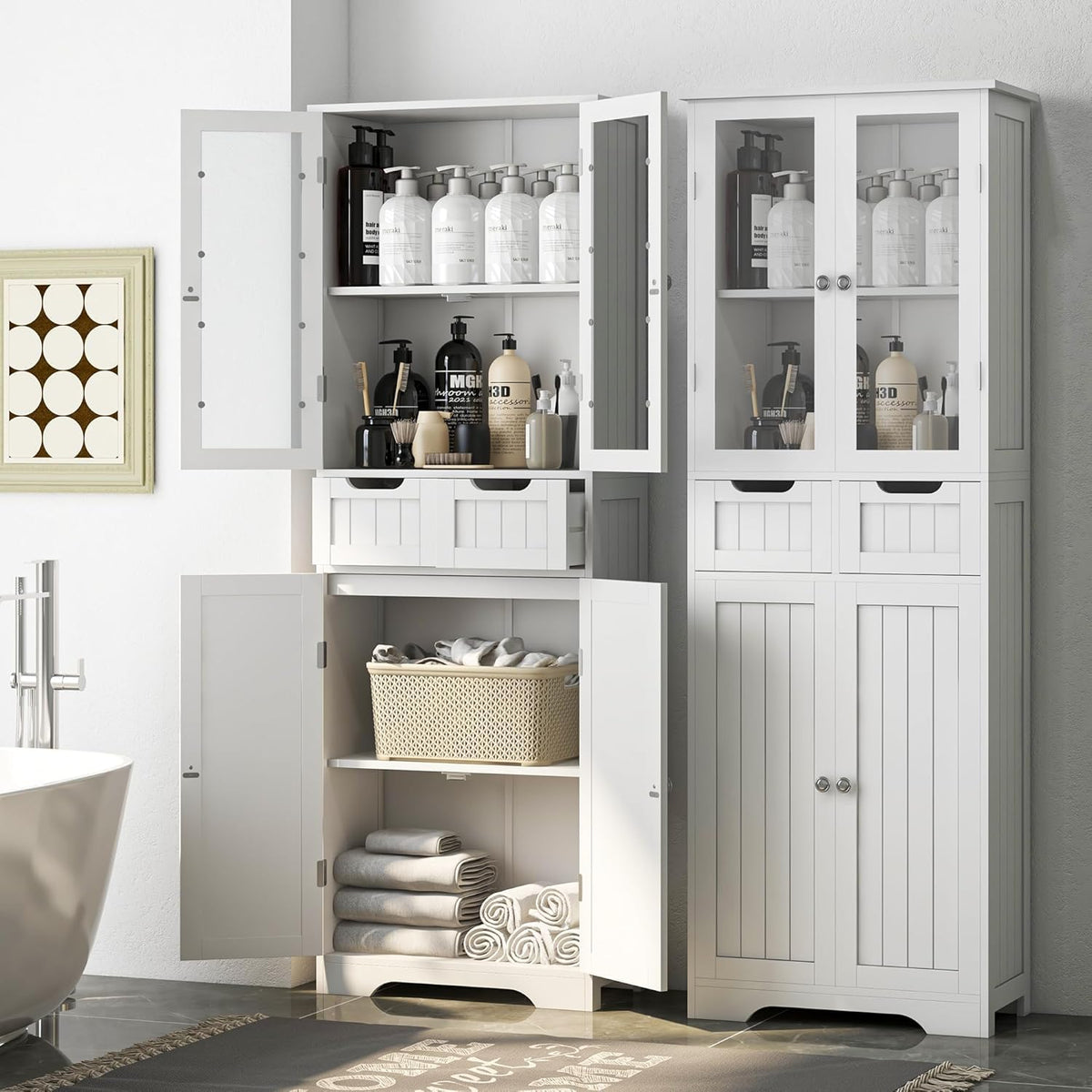 67" White Bathroom Storage Cabinet with Glass Doors and 2 Drawers C475144