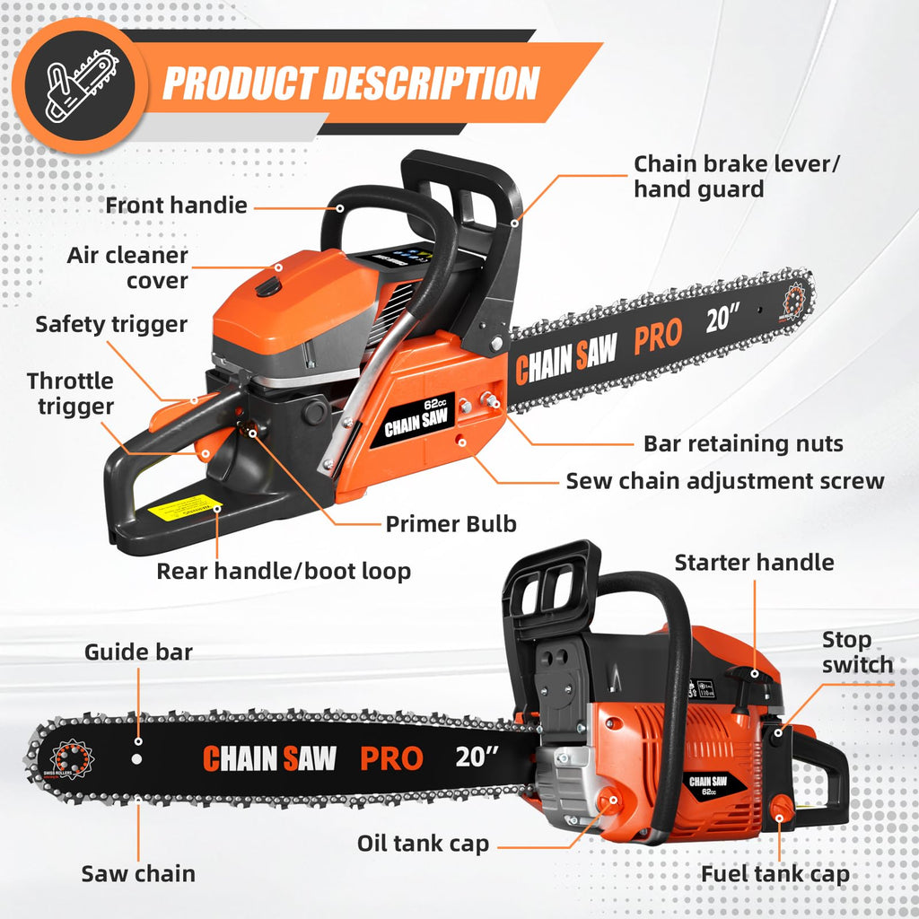 62CC Gas Chainsaw with 20inch & 24inch Chain Saw Bar O269
