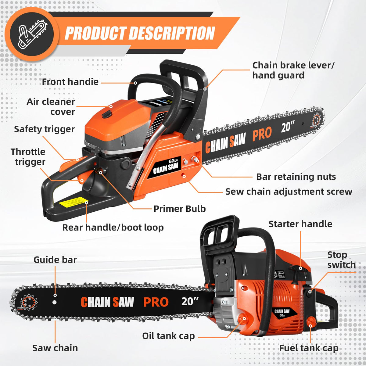 62CC Gas Chainsaw with 20inch & 24inch Chain Saw Bar O269