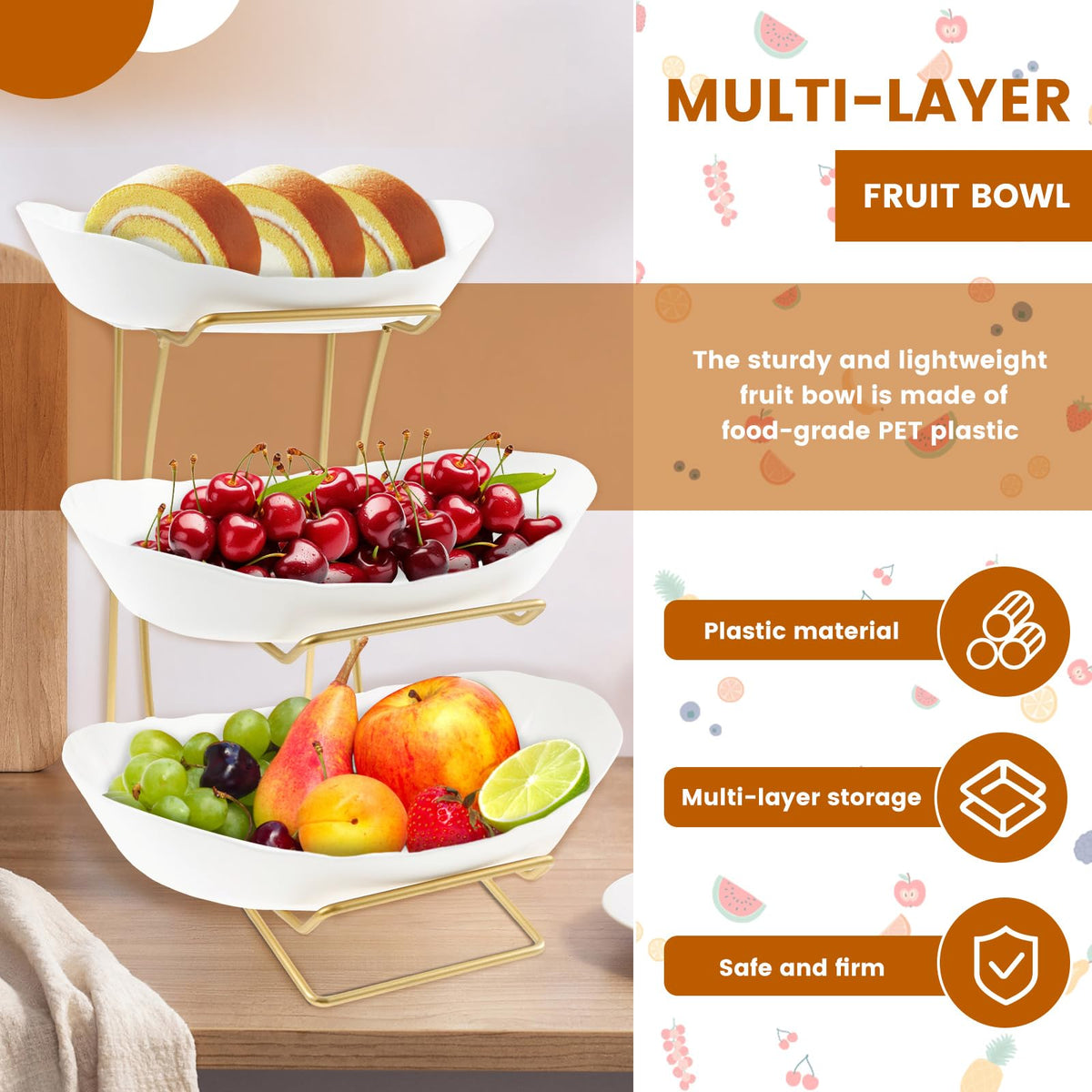 3 Tier Fruit Basket with Gold Metal Stand F89575
