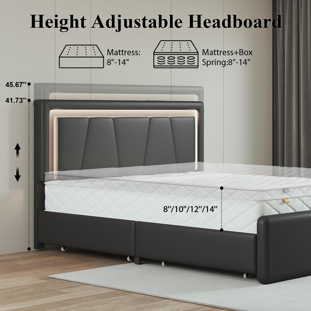 Full Size Bed Frame with Storage Drawers and Charging Station, Black W828583