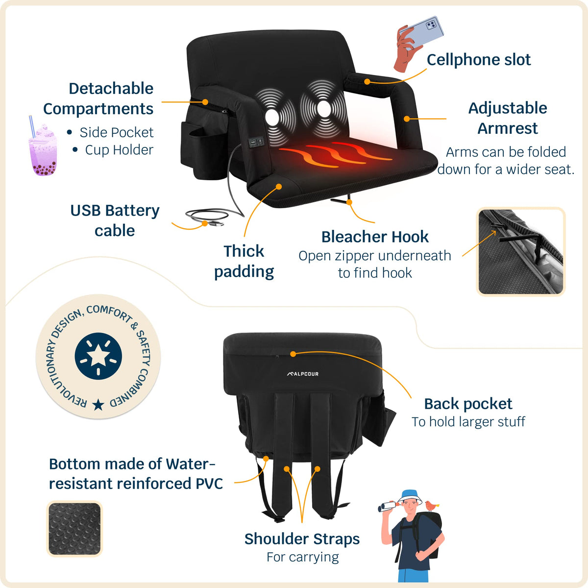 Heating Massage Reclining Stadium Seat with Arm Support H533