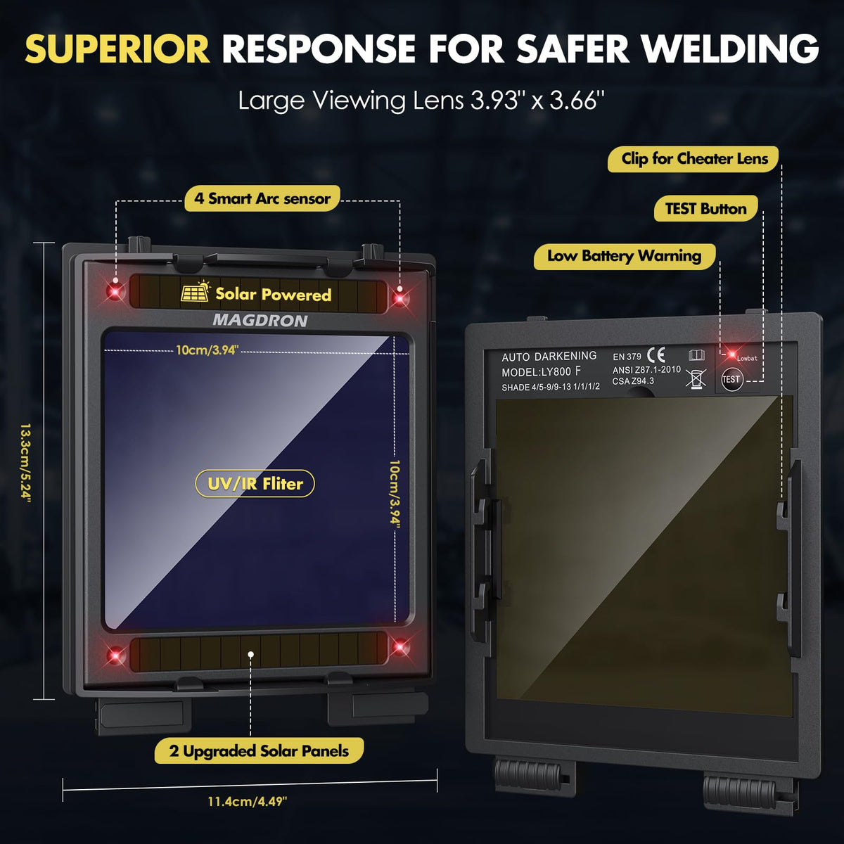 Auto Darkening Welding Helmet Large View True Color 4 Arc Sensor Solar/Battery Powered N316