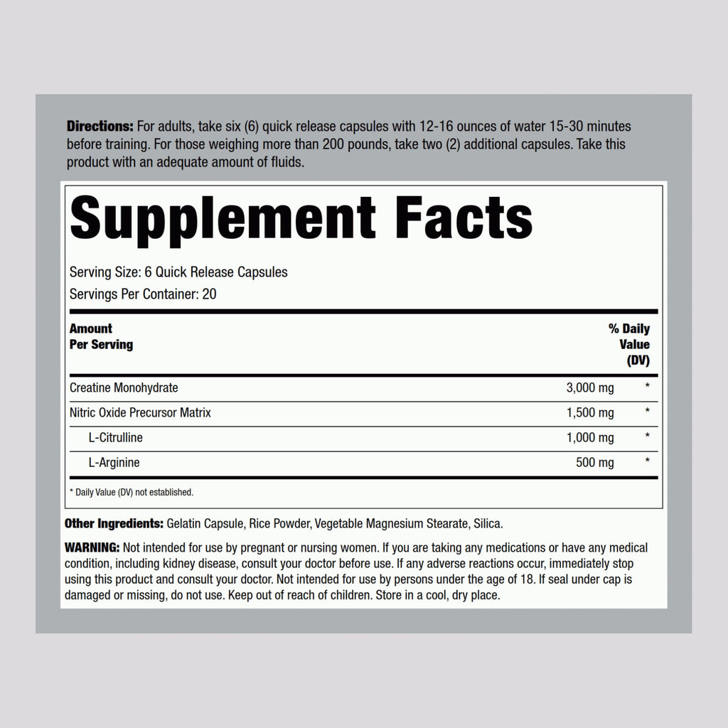 Creatine Monohydrate Capsules 3000mg 120 Count K4664