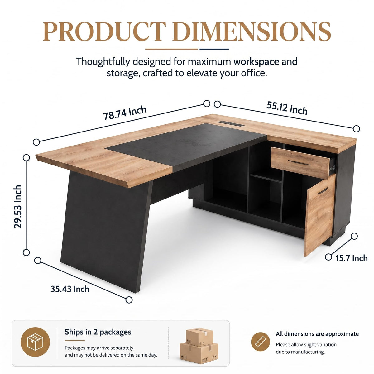 Black and Wood L Shape Executive Desk with Drawers and Shelves U786