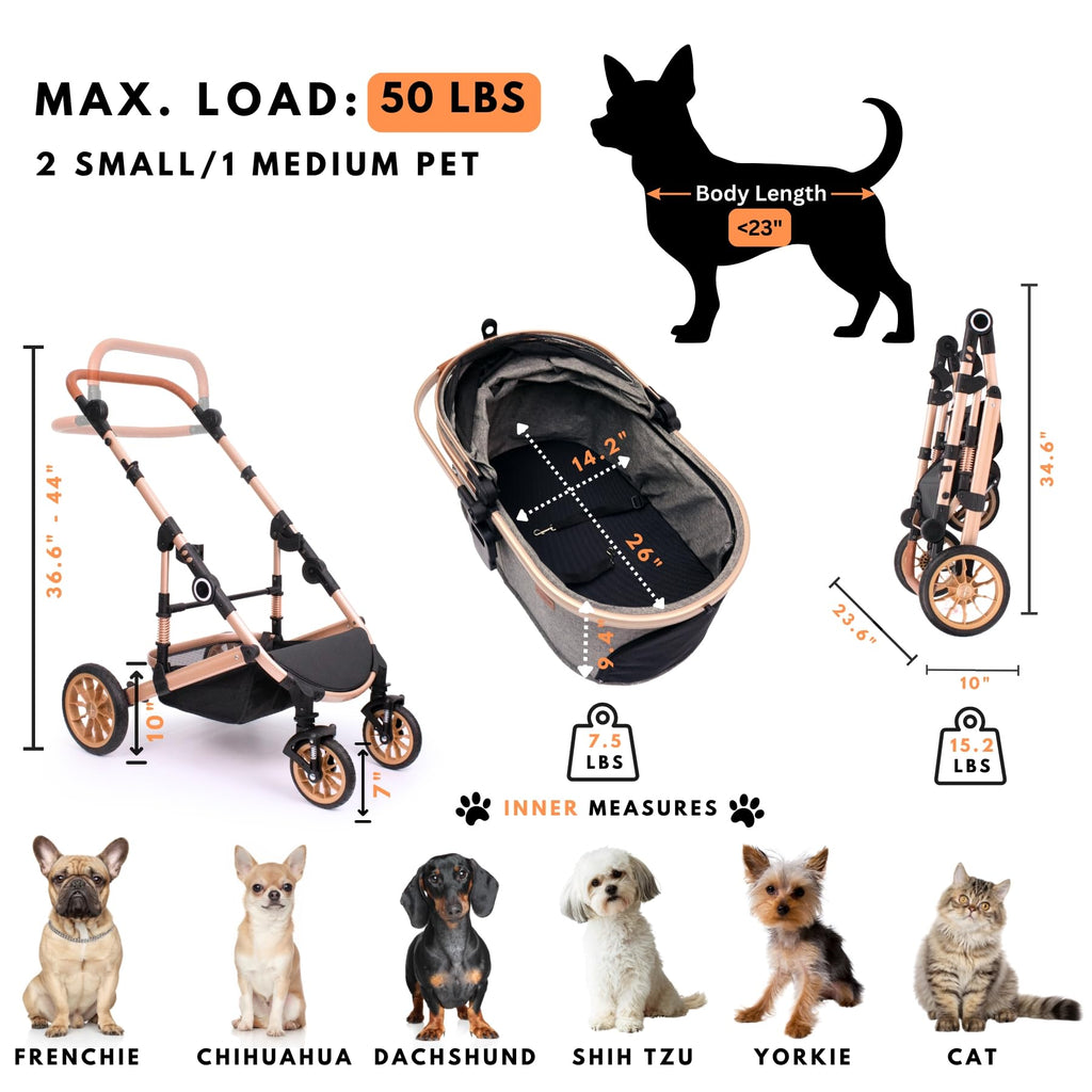 Dog Stroller with Detachable Carrier, Rubber Wheels, 50 lbs, Grey O498822