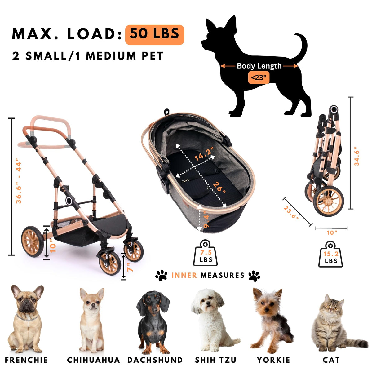 Dog Stroller with Detachable Carrier, Rubber Wheels, 50 lbs, Grey O498822
