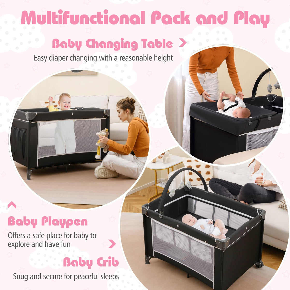 4 in 1 Folding Playpen with Bassinet and Carry Bag Q9650