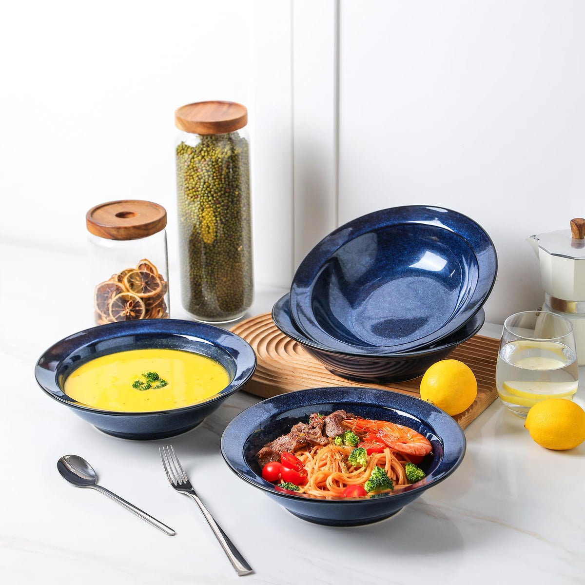 Blue 27oz Ceramic Soup Bowls Set of 4 Y1693