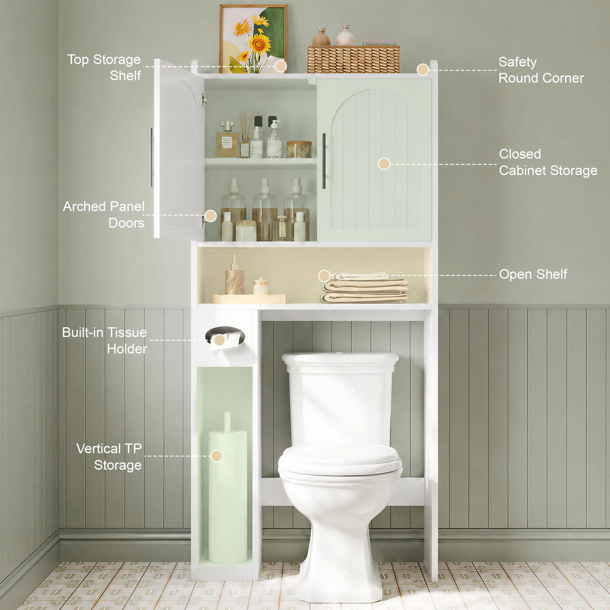 34" Over the Toilet Storage Cabinet with Arched Doors, White O452515