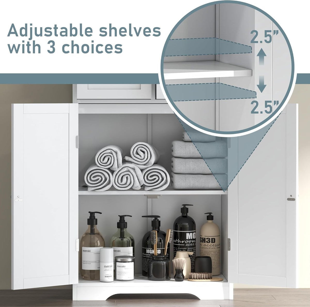 67" White Bathroom Storage Cabinet with Glass Doors and 2 Drawers C475144
