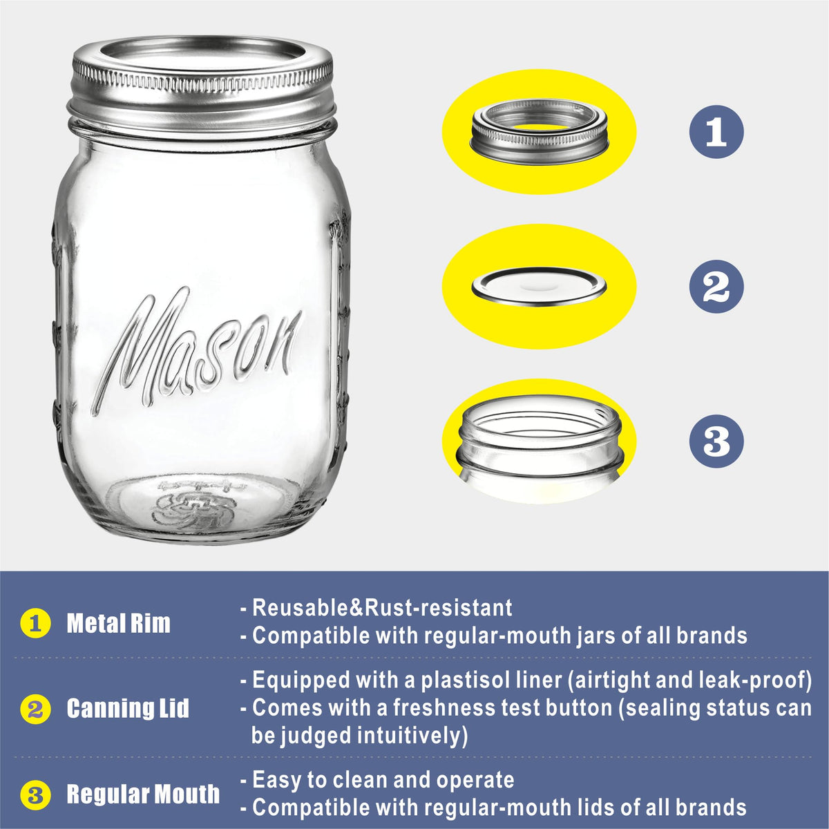 16 oz 6-Pack Regular Mouth Glass Mason Jars with Airtight Lids D952